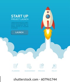 Flat style rocket ship illustration in a website bacground environment with web elements for start up and deverlopment projects of creative ideas presentation