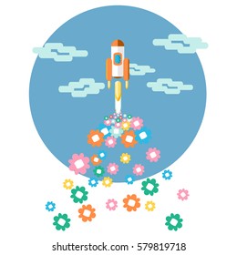 Flat Style Rocket in the sky. Vector Illustration. 