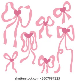 Flat style romantic pinc coquette ribbon bows collection. Silhouette decor for label, sale, cards, invitations, stickers. Hand drawn vector illustration.


