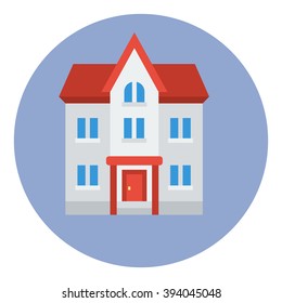 Flat style round banner with facade of a classically built three-storeyed house with a triangular roof isolated concept vector illustration
