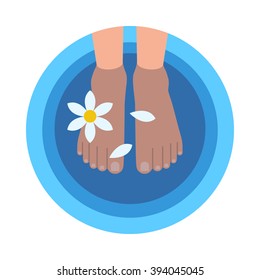 Flat style round banner with female feet in bowl filled with warm water and flower petals at professional spa and 
pedicure procedures isolated concept vector illustration