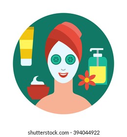 Flat style round banner of woman with a facial mask and cucumbers slices on eyes and a towel covering hair at 
professional spa and cosmetic procedures isolated concept vector illustration