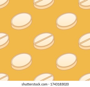Flat style round beige tilted pills seamless pattern. Yellow background, vector.