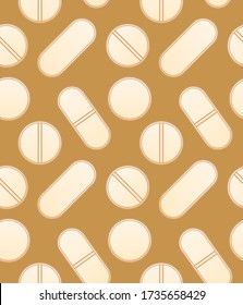 Las píldoras de color beige redondo y ovalado son de estilo plano y sin fisuras. Fondo mostaza, vector.