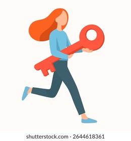 Flat Style Running Woman Character Holding Big Red Key Illustration