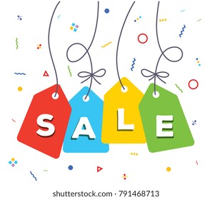 Flat style sale design for web, banner, sale advertising. Vector illustration of colorful price label with word on white background with bright confetti. 