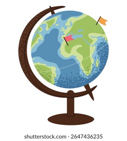 Globo escolar de estilo plano com continentes, oceanos e bandeiras. Perfeito para materiais educacionais, aulas de geografia, decoração de sala de aula, web design, campanhas publicitárias, projetos relacionados a viagens
