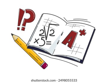 Flat style school icons set. Notebook, pencil, exclamation, question marks. Cute education concept. Math task solving. A+ highest grade. Algebra lesson. Funny outline signs for kids card design, cover