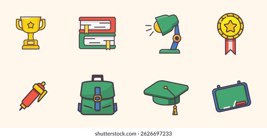 Flat style school item icon set featuring books, backpack, and more. Perfect for education and learning themes. Clean, scalable vectors.