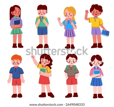 Flat Style School Kid Character Pack. A charming collection of flat style school children characters with various poses outfits and expressions for educational content story visuals learning theme