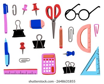 Flat Style School Office Stationery Icon. A playful collection of flat style hand drawn stationery items including pens clips pins rulers scissors erasers calculator for study and organization themes