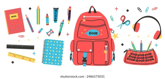 Flat style school supplies set: school backpack, pencil case, headphones, scissors, pens, pencils, rulers, paper clips, notebook, notepad, sharpener, glue. Back to school concept. Isolated on white.