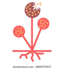 A flat style scientific digital illustration showcasing the structure of Rhizopus mold fungus. The diagram depicts the sporangiophore, rhizoids, and a mature sporangium releasing reproductive spores, making it an excellent visual asset for mycology, botany, and general biology education.