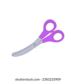 Flat style scissors with purple handles. Sewing or tailoring tool. Vector illustration of scissor equipment on a white background. Isolated vector icon of scissors.