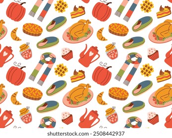 Flat style seamless autumn pattern with cozy fall elements like pumpkins, slippers, pies, scarves, and warm drinks. Ideal for seasonal designs, textiles, wrapping paper, or digital backgrounds.