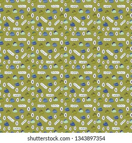 Flat style. Seamless business pattern. On green, white and yellow colored background. Vector illustration. Cryptocurrency logo sigh. Block chain, finance symbol. Digital money. Bitcoin concept.