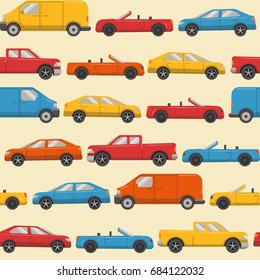 Flat style seamless pattern with colorful cars. Different urban transport on light yellow background.