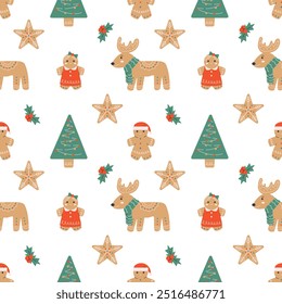 Flat style seamless pattern with cute gingerbread cookies elements