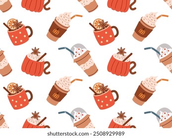 Flat style seamless pattern featuring cozy autumn drinks like spiced lattes and hot cocoa. Perfect for seasonal wrapping paper, textiles, digital backgrounds, or autumn-themed designs.