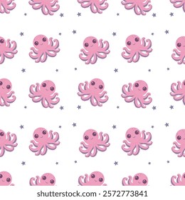 Flat style seamless pattern featuring cute pink octopuses with smiling faces and small stars on a white background, ideal for kids' designs, ocean-themed projects, and fabric prints.