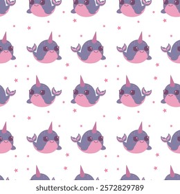 Flat style seamless pattern featuring cute narwhals with pink and purple tones and small stars on a white background, ideal for kids' designs, ocean-themed projects, and textile prints.