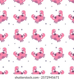 Flat style seamless pattern featuring cute pink crabs with smiling faces and small stars on a white background, ideal for kids' designs, ocean-themed projects, and decorative prints.