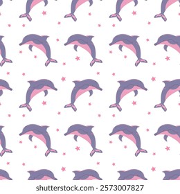 Flat style seamless pattern featuring cute dolphins in purple and pink tones with small stars on a white background, ideal for kids' designs, ocean-themed projects, and textile prints.