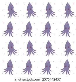 Flat style seamless pattern featuring cute purple squids with small pink stars on a white background, ideal for kids' designs, ocean-themed projects, and decorative prints.