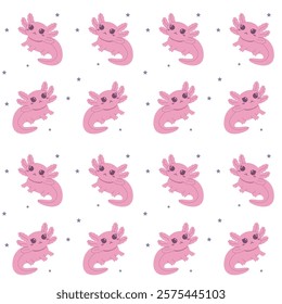 Flat style seamless pattern featuring cute pink axolotls with small purple stars on a white background, ideal for kids' designs, aquatic-themed projects, and decorative prints.