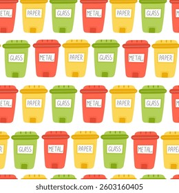 Flat Style Seamless Pattern Featuring Waste Sorting Containers for Paper, Metal, and Glass on a White Background