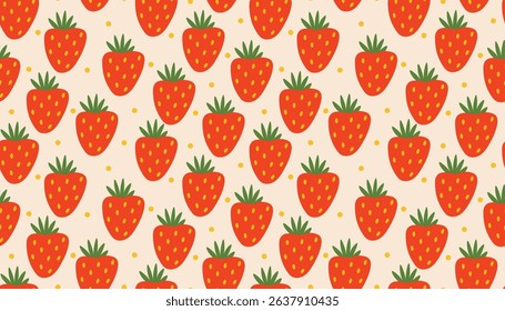 Flat style seamless pattern filled with vivid strawberries and dotted accents. A vibrant, fruity visual for stationery, clothing, digital paper, or themed decoration with a summery feel.