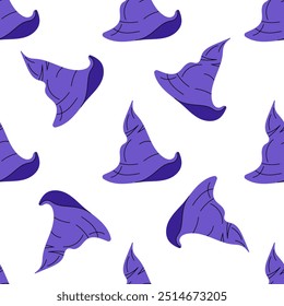 Flat style  seamless pattern for Halloween. A sketch of a witch's pointed hat. Vector illustration.	