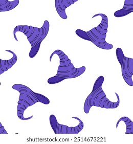 Flat style  seamless pattern for Halloween. A sketch of a witch's pointed hat. Vector illustration.	