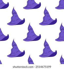 Flat style  seamless pattern for Halloween. A sketch of a witch's pointed hat. Vector illustration.	