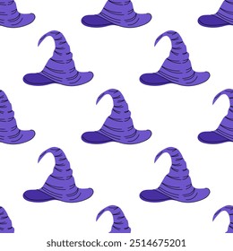 Flat style  seamless pattern for Halloween. A sketch of a witch's pointed hat. Vector illustration.	