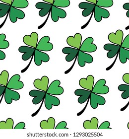 Flat style seamless pattern for Happy St. Patrick's Day on white background for greeting card, poster, invitation to irish party with design element, green clover for luck. Vector eps10