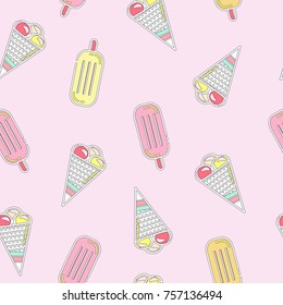 Flat style seamless pattern of ice cream. Pink background seamless sample. Modern design for fabric and paper, web page background, surface textures.