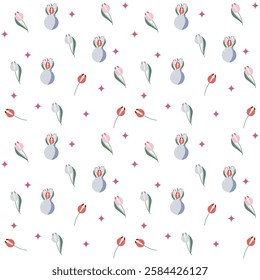 Flat style seamless pattern with tulips in vases and scattered flowers, ideal for fabric, wallpaper, wrapping paper, and spring-themed designs.