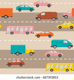 Flat style seamless pattern with urban transport. Vector cars, trucks and buses on the road.