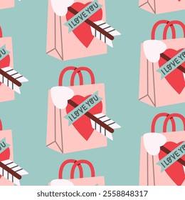 Flat style seamless pattern of Valentine's Day gift bags with heart and arrow design, featuring I love you text. Ideal for holiday packaging, wrapping paper, and festive decorations.