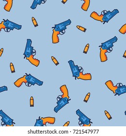 Flat style seamless pattern of vintage retro guns, revolvers, pistols.