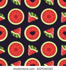 Flat Style Seamless Pattern with Watermelon Slice. Vibrant Fruit Texture for Summer Themed Designs and Creative Projects