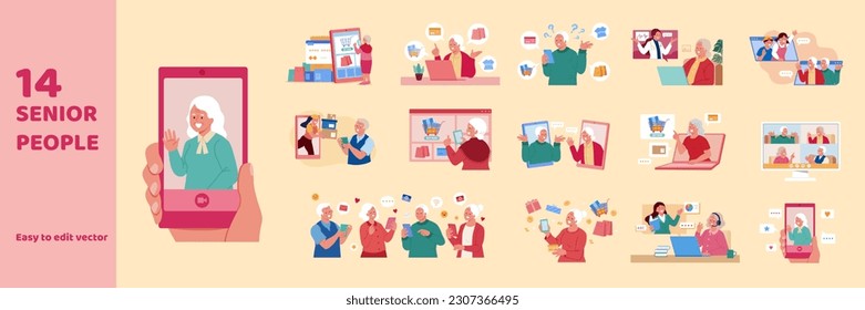 Flat style senior people element set. Scenes of elderly using electronic device to shop, get delivery, seek medical attention, contact with families and friends, take online classes.