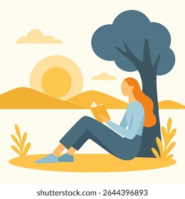 Estilo Plano Mulher Serena Lendo Livro Sob Ilustração Árvore