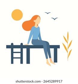 Estilo liso Mulher Serena Relaxando na doca pela ilustração do lago