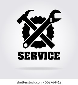 Flat style service icon with image of wrench, hammer and gear and shadow.