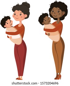 Flat style set. Baby in the arms of the mother. African American girl with a child. African American family. Mom’s care.