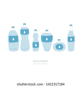 Flat style. Set of bottles of water. Icons. Use for card, poster, brochure, banner, web design. Eps10