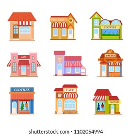 Flat style set of a building. Colorful illustrations of a different types of store and cafe building front view, vector illustration