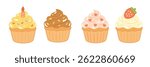 Flat style set of cute cupcakes with colorful cream and decorations. Includes birthday cupcake with candle, strawberry topping, chocolate frosting and heart sprinkles. 